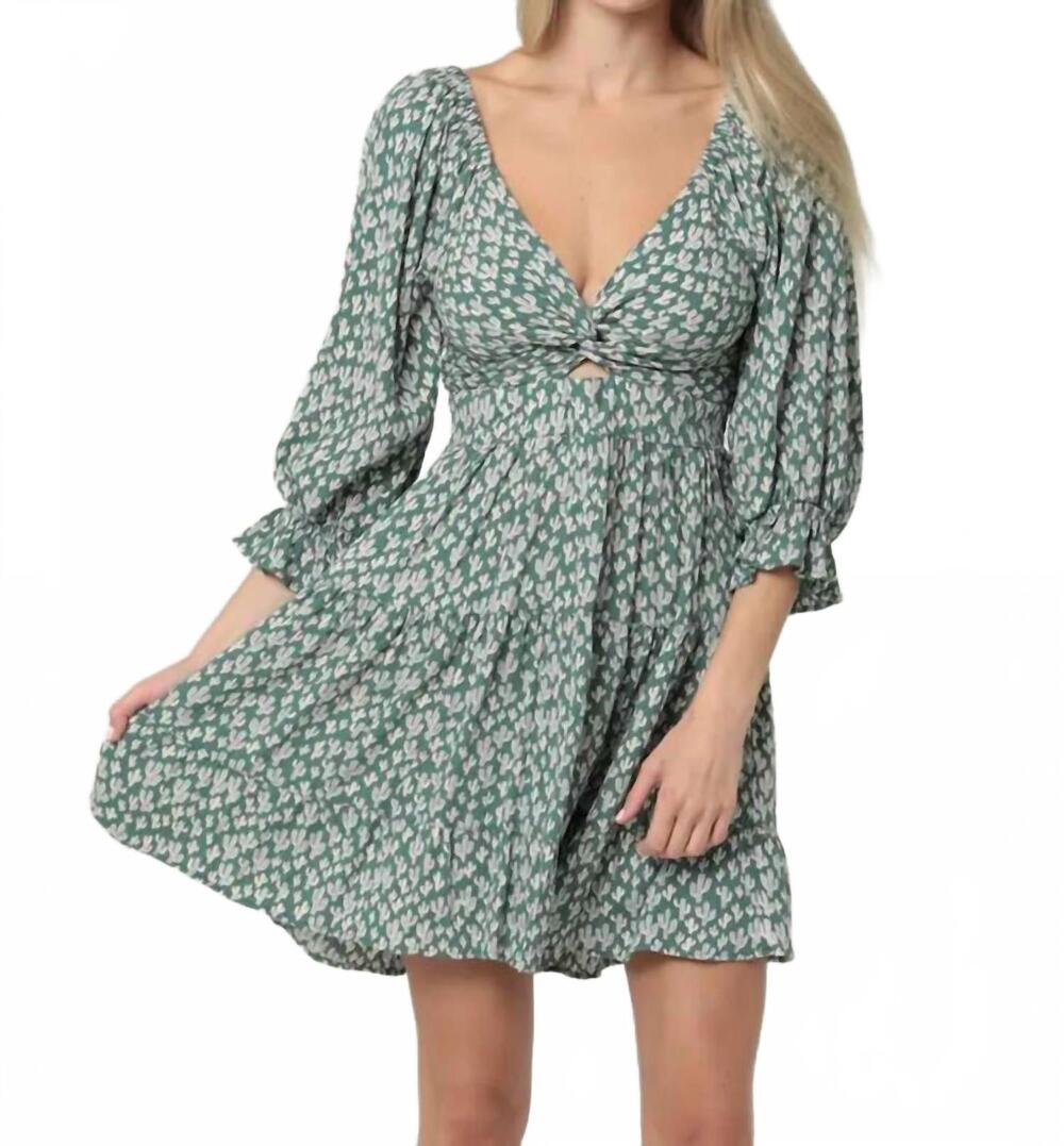 NEW ANGIE cactus print long sleeve v-neck twist front cut dress in dusty spruce